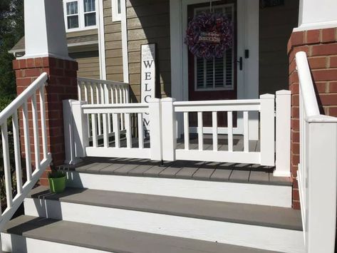 Chip and I are EXTREMELY happy with Superior Systems of Virginia's work.  They custom built us these amazing porch gates reminiscent of country homes from times gone by.  In the ole' days gates like these were often used to keep the chickens and dogs OFF the porch...we wanted them to keep our young grandchildren and little dogs ON it!!  They are very sturdy and work like a charm!!  😀 Dog Gates Outdoor Front Porches, Side Yard Gate For Dogs, Porch Dog Gate, Front Porch Gate For Dogs, Porch Gates For Dogs, Front Porch Gate Ideas, Sliding Dog Gates Outdoor, Barndo Porch, Front Porch Gate