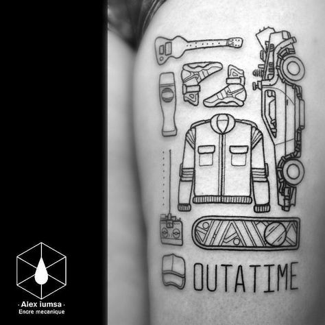 Back To The Future Tattoos, Back To The Future Tattoo Ideas, Bttf Tattoo, Back To The Future Drawing, Future Tattoo Ideas, Back To The Future Tattoo, Pop Culture Tattoos, Black Line Tattoo, Culture Tattoos