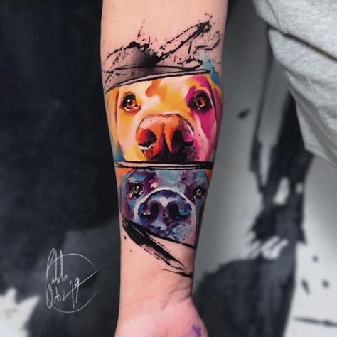 Tattoo work done by a tattoo artist from Spain using EM149. Instagram: @pablo_ortiz_tattoo @stigma_tattoo_supply Dog Tattoo Sleeve, Faces Tattoo, Steve Butcher Tattoo, Tattoo Website, Pet Watercolor, Gallery Tattoo, Pitbull Tattoo, Dog Faces, Warrior Tattoos