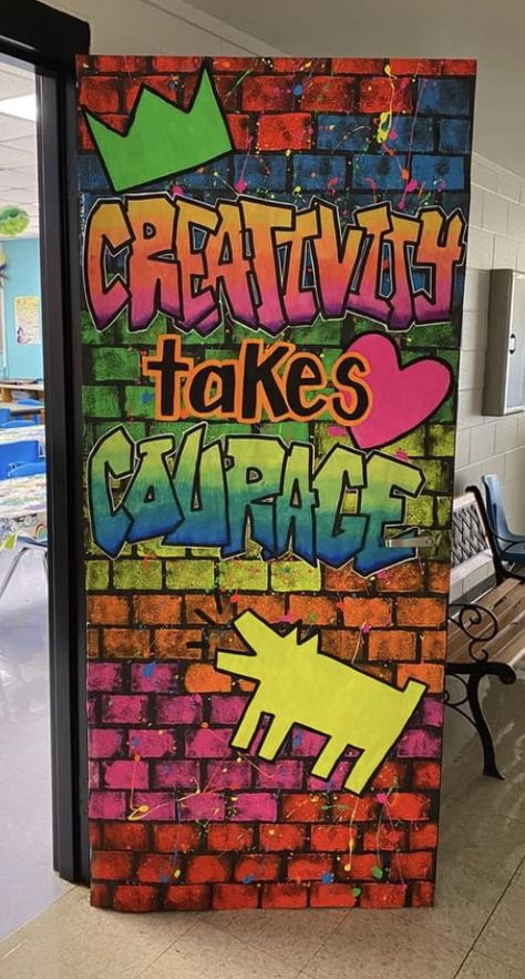 Graffiti Bulletin Board Ideas, Art Is For Everyone Bulletin Board, Middle School Art Bulletin Boards, Art Door Ideas, High School Art Classroom Design, Art Room Bulletin Boards, Art Door Decorations Classroom, Art Teacher Bulletin Board Ideas, Art Room Door Decoration