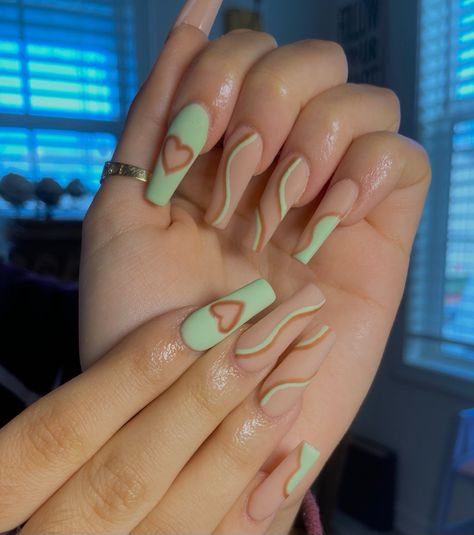 March Color Nails, Sage Green Butterfly Nails, Matte Square Nails, March Nail Colors, March Nails Colors, Pastel Green Nails, Matte Almond Nails, Vegas Nails, Green Acrylic Nails