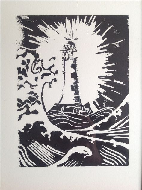 Lighthouse Linocut Lighthouse Inspiration, Engraving Tattoo, Woodcut Art, Lino Art, Linocut Art, Viking Symbols, Chalk Pastels, Lino Print, Woodblock Print