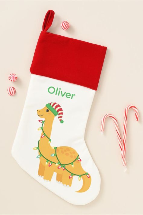 Personalised Christmas Stockings, Christmas Dinosaur, Stocking Designs, Custom Stocking, Santa Claus Is Coming To Town, Child Smile, Christmas Stockings Personalized, Dinosaur Christmas, Christmas Socks