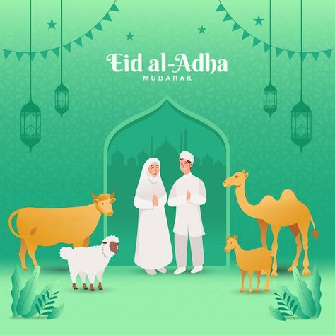 Vector eid al adha greeting card. couple... | Premium Vector #Freepik #vector #kurban-bayram #eid-mubarak-arabic #happy-eid #eid-al-adha Eid Al Adha Greetings, Eid Al-adha Mubarak, Quotes Pictures, Inspirational Quotes Pictures, Idul Fitri, Eid Al Adha, Hd Backgrounds, Media Design, Black Wallpaper