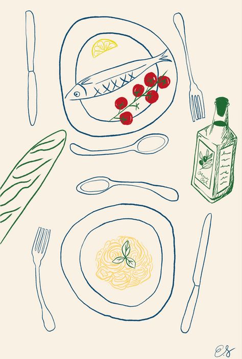 Dinner plates Illustration with pasta and fish. Menu Illustration Food, Table Setting Illustration, Food Line Illustration, Tablescape Drawing, Dinner Party Drawing, Table Setting Drawing, Menu Illustration Design, Food Illustration Art Graphics, Dining Illustration