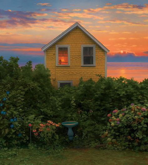 Scott Prior, Beach House at Sunrise, 2011, oil on panel, 20 x 18" at William Baczek Fine Arts www.wbfinearts.com #ScottPrior #beach #beachhouse #sunrise #oilpainting #landscape 숲 사진, Theme Nature, Yellow House, Mellow Yellow, Nature Aesthetic, Beach Cottages, Pretty Places, Cottage Core, Future House