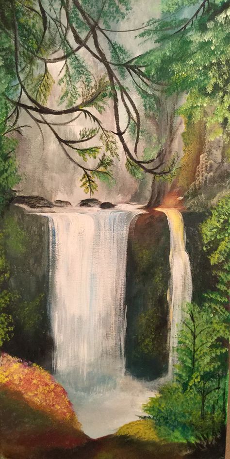 Waterfall Wall Painting, Paintings On Large Canvas, Aesthetic Nature Painting Ideas, Nature Painting Reference, Book Photomontage, Landscape Paintings Waterfall, Canvas Painting Waterfall, Cool Nature Paintings, Natural Landscape Drawing