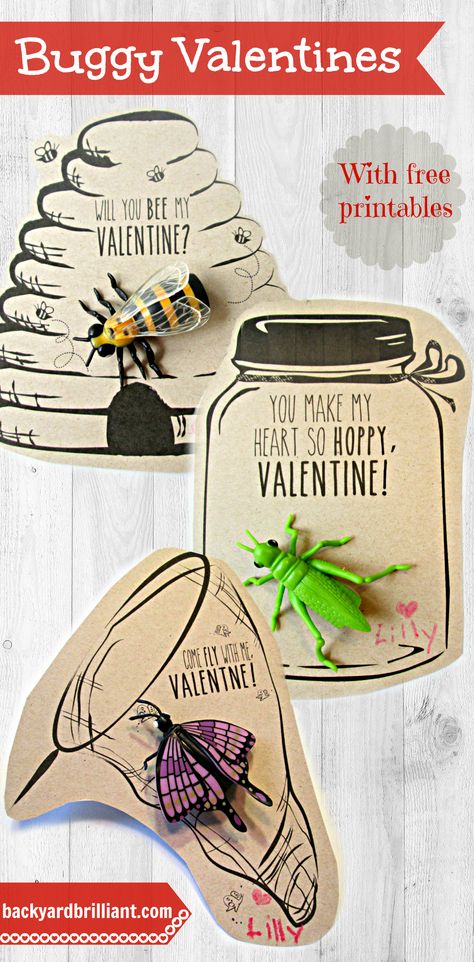 Homemade Valentines with Free Printables Bug Valentines Box, Valentines Butterfly, Bug Valentines, Candy Free Valentines, Bee My Valentine, Bug Toys, School Valentines, Happy Hearts Day, Preschool Valentines