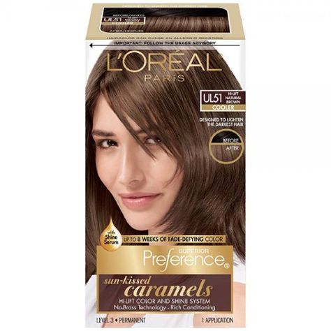 L'Oreal Superior Preference Sun-Kissed Caramels - UL51 Hi-Lift Natural Brown (Cooler) 1 Each Loreal Preference Hair Color, High Lift Hair Color, Loreal Hair Color, Natural Brown Hair, Loreal Hair, Brown Hair Dye, At Home Hair Color, How To Lighten Hair, Brunette Balayage Hair