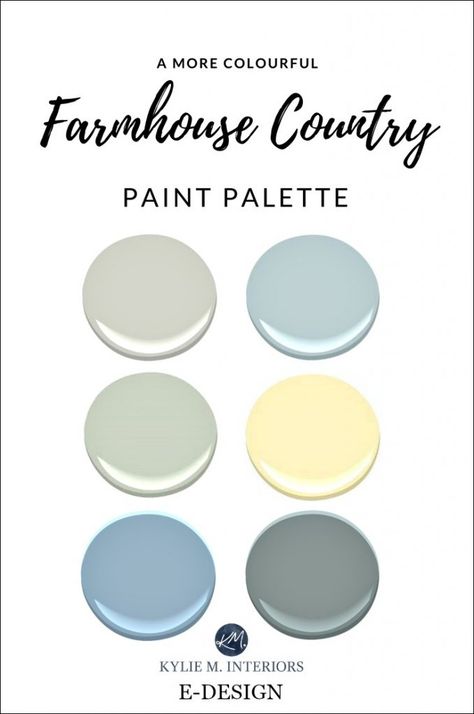 A farmhouse country colourful paint palette with blue, yellow, GREEN and gray. Kylie M E-design Room Country, Interior Paint Colors Schemes, Farmhouse Paint Colors, Farmhouse Paint, Farm House Colors, Green And Gray, Country Living Room, Kitchen Farmhouse, Bedroom Paint Colors