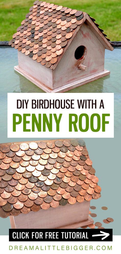 Give your birdhouse a gorgeous copper roof with just pennies! See what glue we used to tack 308 pennies onto our birdhouse to give it a quaint and unique look! Copper Roof Birdhouse, Birdhouse Diy Ideas, Home Made Bird Houses, Boho Birdhouse, Wooden Garden Ornaments, Copper Ideas, Diy Birdhouse, Diy Projects For Adults, Cabin Crafts