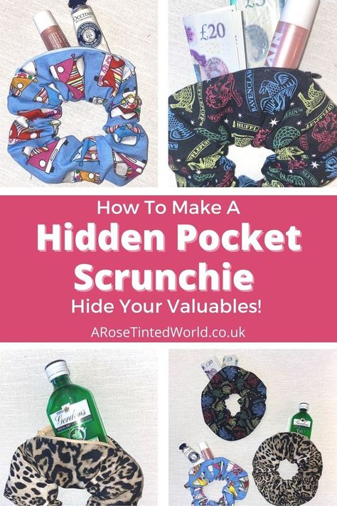 How To Make A Stash Scrunchie With Zipper Pocket - This easy sewing tutorial shows you how to make a hidden pocket scrunchie. Perfect for concealing and hiding your valuables and small items, this scrunchie with a hidden pocket has a secret compartment, useful for storing useful objects. Great for travelling, festivals, nights out and more. Make a DIY zipper scrunchie by hand or using a sewing machine. A great scrap fabric project, and perfect item to sew and sell too! Pocket Scrunchie, Diy Hair Scrunchies, Tutorial Sewing, Scrunchies Diy, Sewing To Sell, Scrap Fabric Projects, Crochet Hair Accessories, Sewing Tutorials Free, Secret Compartment