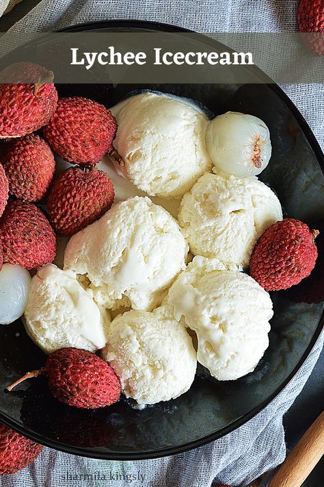 Litchi Ice Cream | Lychee Ice Cream Litchi Recipes, Lychee Dessert, Chocolate Raspberry Ice Cream, Lychee Ice Cream, Lychee Recipes, Artisan Ice Cream, Sorbet Ice Cream, Raspberry Ice Cream, Summertime Recipes