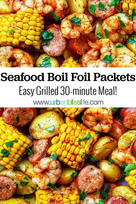 Grilled Seafood Boil Foil Packets are hearty, satisfying, and feed a crowd! In this classic southern dish, shrimp, sausage, corn, and potatoes are well-seasoned and grilled in foil packets for fast, easy cooking and fast, easy cleanup. Perfect for summer picnics, barbecues, and potlucks! Get the full recipe on UrbanBlissLife.com. Low Country Boil Foil Packets Ovens, Cajun Foil Packets For The Grill, Seafood Foil Packets Grill, Seafood Boil Packets, Shrimp Corn Potatoes Foil Packets, Seafood Boil On The Grill, Low Country Boil Foil Packets, Shrimp Boil On The Grill, Corn And Potatoes