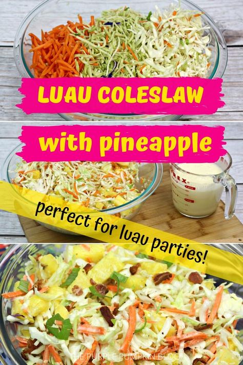 Luau Side Dishes, Hawaiian Coleslaw Recipe, Coleslaw With Bacon, Hawaiian Slaw, Coleslaw Salads, Bbq Chicken Side Dishes, Hawaiian Coleslaw, Hawaiian Luau Food, Luau Recipes