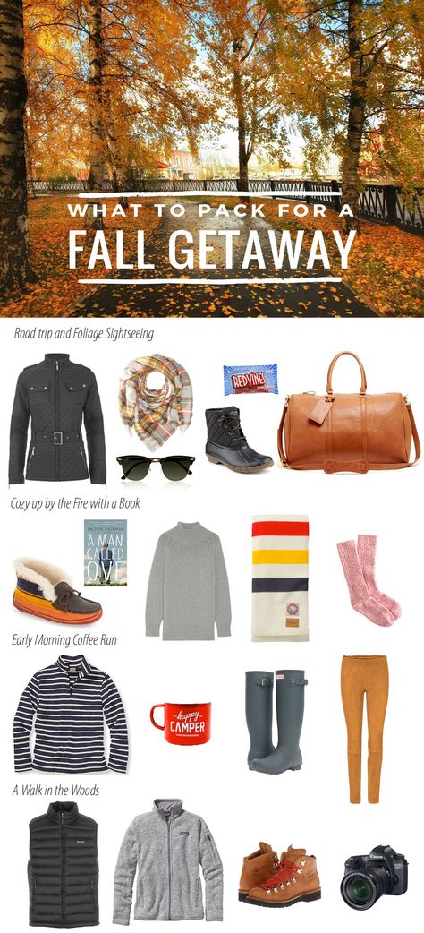 what-to-pack-for-fall-getaway - everything you need for a weekend road trip What To Pack Weekend Trip Fall, Weekend Fall Packing List, Fall Weekend Getaway Outfits Capsule Wardrobe, 3 Day Weekend Packing List Fall, Fall Weekend Packing List, Fall Getaway Outfits, Fall Road Trip Outfit, Weekend Trip Outfits, Aspen Fall