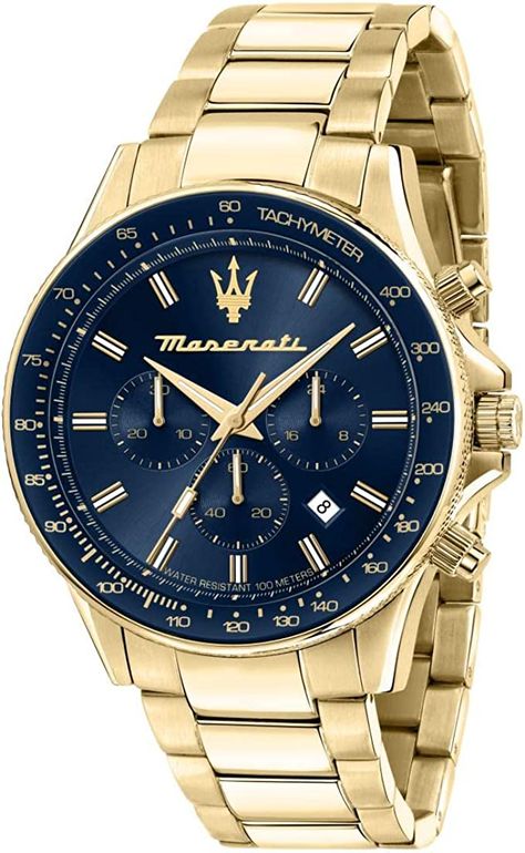 Materials: stainless steel, yellow gold PVD Case diameter: 44 mm, strap length: 180.60 mm Functions: chronograph Mineral glass - water resistance: 10 ATM Maserati original packaging Luxury Timepieces, Crystal Blue, Stainless Steel Band, 100m, Minerals Crystals, Steel Blue, Maserati, Men's Watch, Steel Bracelet