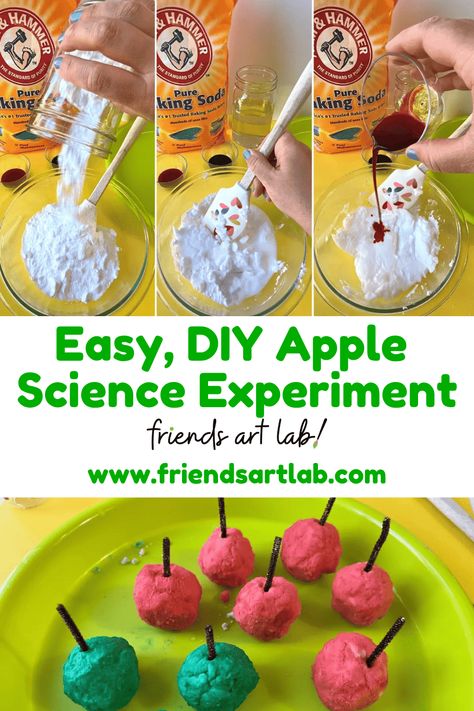 Apple Science Experiment with Baking Soda & Vinegar - Friends Art Lab Cinnamon Play Dough, Apple Science Experiments, Baking Soda Experiments, Apple Science, Science Experiments Kids Preschool, Jewish High Holidays, Fall Science, Halloween Apples, Stem Projects For Kids