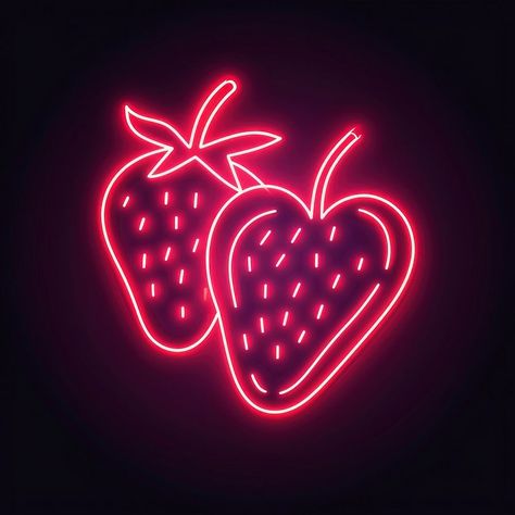 Whole strawberry and a half slice neon astronomy outdoors. | premium image by rawpixel.com / Aom W. Heart Black Background, About Heart, Strawberry Moons, Discord Channels, Moon Pattern, Fruit Plants, Download Free Images, Creative Studio, Free Image