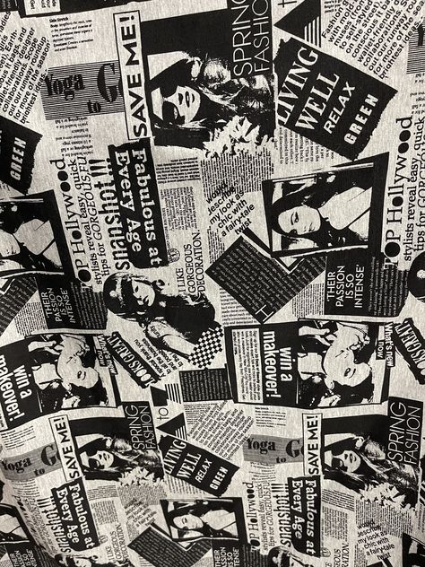 "New newspaper fashion design silver/black print on cotton Jersey 4-way stretch 58/60\" Sold by the YD. Ships Worldwide from Los Angeles California USA. Content: 90% cotton; 10% Spandex" Newspaper Fashion Design, Black Newspaper Background, Wallpaper Backgrounds Newspaper, Newspaper Print Aesthetic, Vintage Newspaper Wallpaper Backgrounds, Vintage Black And White Newspaper Aesthetic, Rock Collage, Newspaper Background, Newspaper Fashion