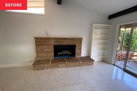 Before, this 1956 ranch living room was covered in “a cool-toned gray that has become synonymous with flipped homes,” the homeowner says. Credit: <a href="https://www.instagram.com/texasmodernist/">Courtney Batten</a> Mid Century Modern Fireplace Makeover, Mid Century Wood Paneling, Midcentury Fireplace, Midcentury Modern Fireplace, Mid Century Modern Fireplace, Mid Century Fireplace, Fireplace Makeovers, Family Room Walls, Mid Century Modern Living Room