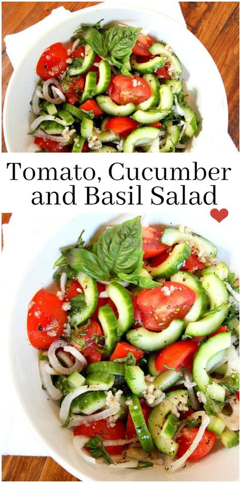 Tomato Basil Salad Dressing, Mediterranean Basil Recipes, Vinegar Cucumber Tomato Salad, Tomato Onion Basil Salad, Salads With Fresh Basil, Basil Tomato Recipes, Fresh Tomato And Basil Recipes, Food With Basil, Salad With Basil Leaves