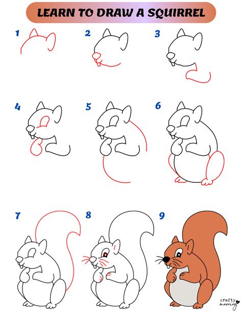 How to Draw a Squirrel (Easy Step by Step) - Crafty Morning How To Draw A Squirrel, Bank Drawing, Draw A Squirrel, Tweety Cartoon, Draw Mouth, Aril Tatum, Squirrel Drawing, Quick Drawings, Cartoon Squirrel