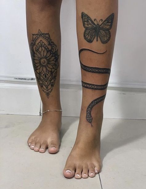 Bottom Leg Tattoo For Black Women, Front Leg Tattoos Women, Leg Tattoo Black Women, Baddie Leg Tattoos, Calve Tattoos For Women, Front Leg Tattoo, Back Of The Leg Tattoos For Women, Women Leg Sleeve Tattoo Ideas, Pretty Foot Tattoos For Women