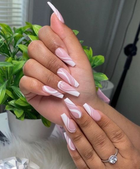 Almond Nails With White Lines, Outline Almond Nails, White Swirl Almond Nails, Nude Nails With White Lines, Acrylic Nail Designs Coffin, Nails With White, White French Nails, White Coffin Nails, Nude Nail Designs