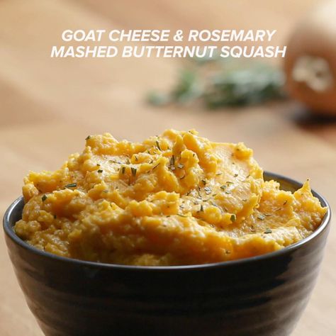 Goat Cheese And Rosemary Mashed Butternut Squash Recipe by Tasty Goat Cheese Ideas, Butternut Squash Goat Cheese, Soup Butternut Squash, Squash Goat Cheese, Rosemary Mashed Potatoes, Mashed Squash, Cheese Ideas, Butternut Squash Fries, Mashed Butternut Squash