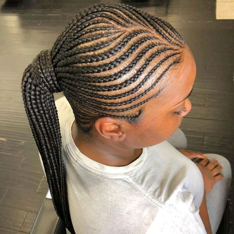 Suku Hairstyle With Attachment, Medium Feed In Braids Ponytail, Small Feed In Ponytail, Tiny Cornrows, To Braids, Feed In Ponytail, Cornrows Natural Hair, Cornrow Ponytail, Cornrows Braids For Black Women