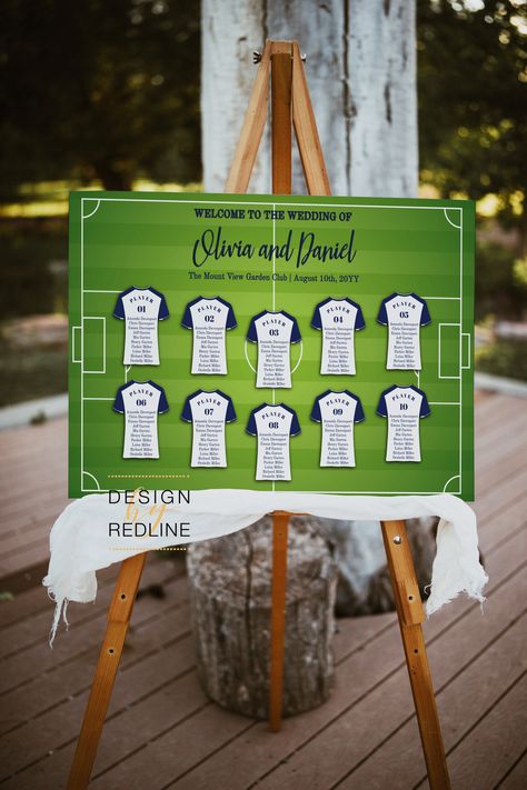 Soccer Wedding Ideas, Football Themed Wedding Reception, Soccer Wedding, Football Wedding Theme, Football Themed Party, Seating Arrangement Wedding, Football Wedding, Seating Chart Sign, Football Theme Party