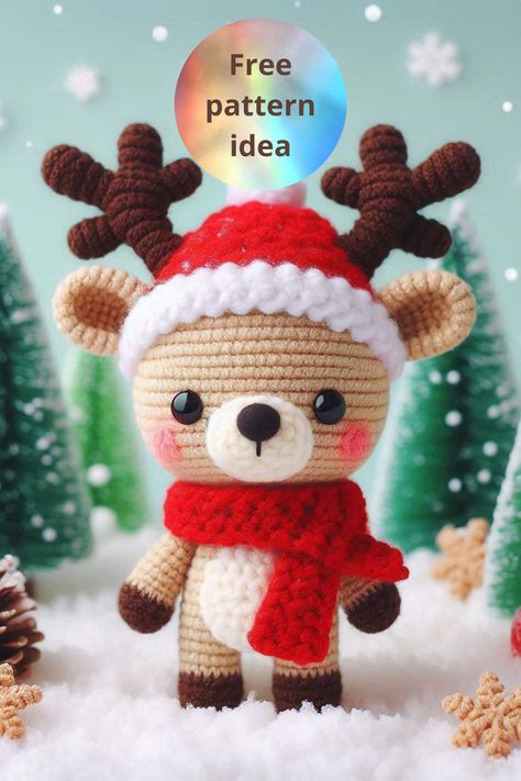 Create a cute Christmas crochet reindeer with a Santa hat and scarf! This festive amigurumi is perfect for handmade holiday gifts or decorations. Holiday Crochet Patterns Free Gift Ideas, Free Reindeer Crochet Pattern, Reindeer Crochet Pattern Free, Crochet Reindeer Pattern Free, Holiday Crochet Patterns Free, Cute Christmas Crochet, Santa Crochet, Reindeer Amigurumi, Reindeer Crochet