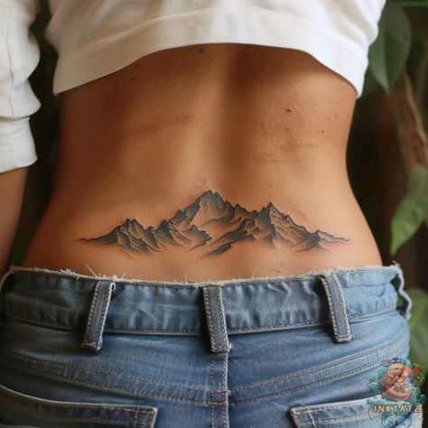 Lower Back Mountain Tattoo, Nature Arm Tattoos For Women, Mountain Tattoo On Thigh, Valley Tattoo Mountain, Mountain Tatoos Woman, Mountain Tattoo On Back, Mountain Spine Tattoo, Rock Tattoo Nature, Mountain Back Tattoo