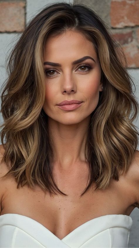 Hair Down Hairstyles Medium Length, Haircuts For Mid 30s For Women, Medium Bouncy Hair, Tapered Hair Women Long, 38 Year Old Hairstyle, Shoulder Length Hair Middle Aged Women, Medium Length Haircut With Balayage, Fall Mid Length Hair Colors, Medium Length Hair Down Wedding