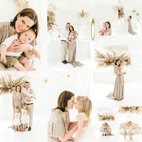 Pampas grass mini session theme, family session inspiration, photoshoot styling Boho Theme Family Photoshoot, Motherhood Mini Session, Mommy And Me Poses, Mini Session Themes, Bed Poses, Studio Mini Sessions, Lifestyle Family Session, Family Photo Studio, Boho Studio