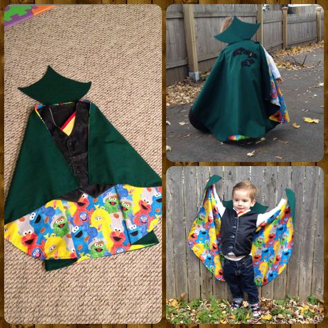 The Count Von Count costume I made for my son! The cape is sewn onto the vest, which is a thrifted vest I altered and turned inside out. Count Von Count Costume, The Count Sesame Street Costume, Count Von Count Birthday, Kid Friendly Party, Sesame Street Birthday Party, Sesame Street Party, Sesame Street Birthday, Creative Valentines, Halloween Crafts Decorations