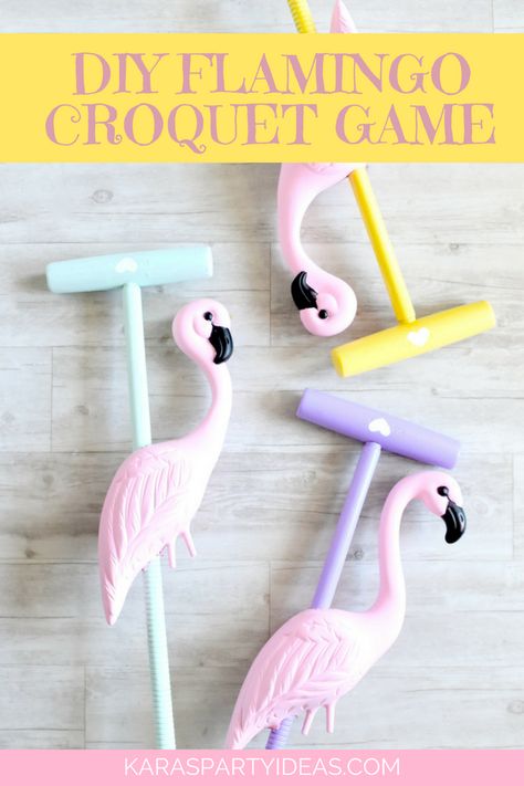 DIY Flamingo Croquet Game via Kara's Party Ideas - KarasPartyIdeas.com Alice In Wonderland Croquet, Alice In Wonderland Games, Flamingo Croquet, Flamingo Pool Party, Pink Flamingo Decor, Croquet Game, Diy Flamingo, Flamingo Pool Parties, Casa Disney