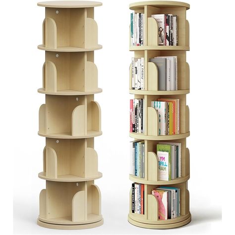 [High quality wooden bookshelf] The whole bookshelf is made of natural solid wood (pine), unpainted, no formaldehyde, no peculiar smell. It is water and dirt resistant, rust resistant, and can be cleaned by simply wiping it with a cloth. The solid wood thickness is about 12mm, very stable and durable, with high load-bearing capacity, each layer can withstand 30KG and will not fall down easily. Comes with Japanese instruction manual. [Space Saving] Multi-layer bookshelf vertical storage design, diameter approximately 45CM, small footprint, all 4 storage spaces can be placed with the title side facing outward. Even though it has a large amount of storage, it has a structure that makes it easy to find and take out.Perfect for bedrooms, living rooms, children's rooms, studies, offices, and gam Japanese Bookshelf, Rotating Bookshelf, Cd Rack, Wooden Bookshelf, Water Wipes, Book Cases, Small Bookshelf, Yarn Storage, Vertical Storage