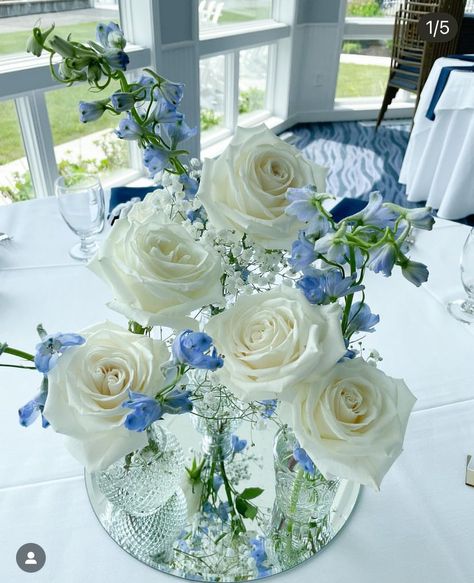 Blue Vase Centerpieces, Blue Hydrangea Centerpieces, White Floral Arrangements, Hydrangea Centerpiece, Vase Centerpieces, Blue Vase, Blue Hydrangea, Delphinium, Bud Vases