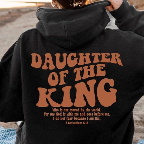 Daughter Of The King Hoodie, Aesthetic Christian Sweatshirt, Women’s Religious Shirt, Bible Verse Shirt, Christian Gifts, Church Shirt 8 oz 50/50 cotton/poly Air jet yarn creates a smooth, low-pill surface Double needle stitching Pouch pocket Unisex sizing Decoration type: Digital Print Size Chart Christen Clothing, Gifts For Christian Women Ideas, Cute Christian Gifts, Church Gifts Ideas, Christian Gift Shop, Christian Outfits, Christian Accessories, Jesus Clothes, Daughter Of The King