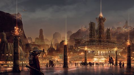 -Temple City-, Pat Presley on ArtStation at https://www.artstation.com/artwork/xJxeVO Modern Fantasy City, Spiritual Center, Fantasy Settings, Concept Vehicles Sci Fi, Temple City, Sci Fi City, Fantasy City, Fantasy Castle, Fantasy Setting