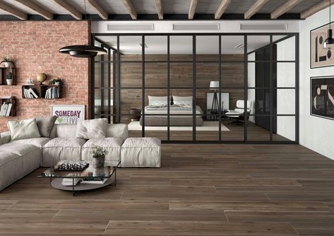 Reclaimed and refinished materials all make up industrial style that focuses on the functionality of the room. Loft Style Interior, Brown Tile, Brick Interior, House Redesign, Loft Stil, Living Room Tiles, Wood Look Tile, Home Upgrades, Industrial House