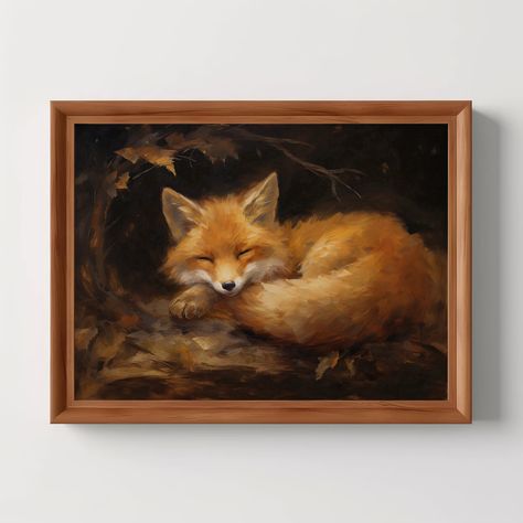 Resting fox, curled up amidst a dark, earthy backdrop with fallen autumn leaves. The animal's fur is painted in warm shades of orange and cream, suggesting a soft texture. The fox's eyes are gently closed, conveying a sense of tranquility and rest. Shadows and light are masterfully used to create a sense of depth and stillness. Infuse your home with the elegant allure of Dark Academia through this captivating print. With its realistic portrayal of the grainy texture and hues found in an actual p Vintage Fireplace Decor, Fox Autumn, Moody Nature, Art Cottagecore, Grainy Texture, Painting Forest, Fox Painting, Corner Decor, Forest Animal