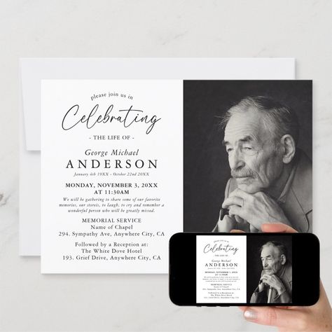 Celebration of Life Memorial Funeral Photo Invitation Celebration Of Life Template, Memorial Invitation, Life Template, Birthday Invites, Photo Invitations, George Michael, White Doves, Memorial Service, Cherished Memories