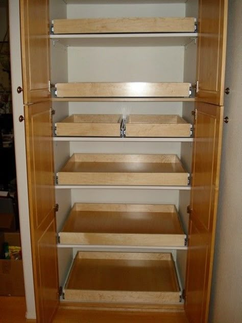 Pantry Pull Out Drawers, Stand Alone Kitchen Pantry, Deep Pantry Organization, Kitchen Cupboard Organization, Deep Pantry, Pantry Drawers, Sliding Shelves, Pantry Shelving, Pull Out Shelves