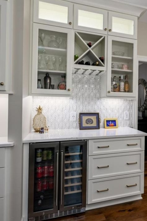 Wine And Beer Fridge Bar Areas, Beverage Station With Wine Rack, Wine And Drink Fridge, Kitchen With Beverage Fridge, Beverage Bar Station, Beverage Area In Kitchen, Drink Station Home Beverage Center, Beverage Center Built In, Wine Cabinets Ideas