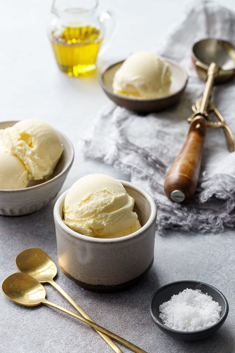 Homemade Olive Oil Ice Cream Recipe with Fleur de Sel Olive Oil Ice Cream, Bojon Gourmet, Ice Cream Photography, Ice Cream Base, Maple Sugar, Italian Ice, Ice Cream Machine, Ice Cream Flavors, Homemade Ice