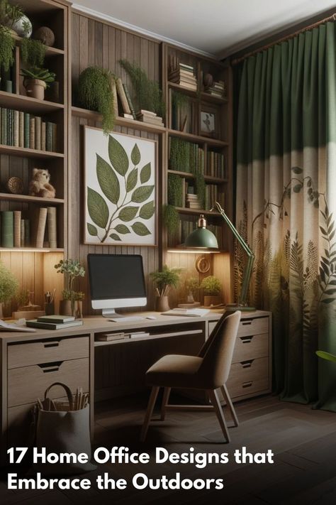 A wooden-themed office room featuring expansive shelves with books and plants, a framed leaf artwork, a wooden desk setup, gradient green curtains, and a fluffy cat overseeing it all. Forest Themed Office, Sage Green Office Ideas, Snug Chair, Earthy Office, Cozy Reading Room, Wood Desk Design, Production Office, Natural Office, Home Office Designs