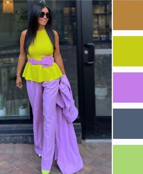 Purple Combination Outfits, Ropa Color Neon, Outfit Color Combos, Green Top Outfit, Colour Blocking Fashion, Skin Care Basics, Color Outfits, Colour Combinations Fashion, Color Combos Outfit